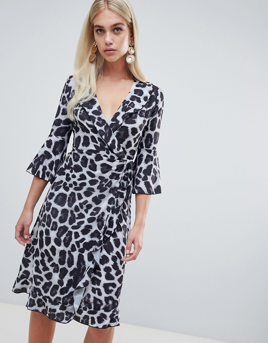 Outrageous Fortune ruffle wrap midi dress with fluted sleeve in mono leopard