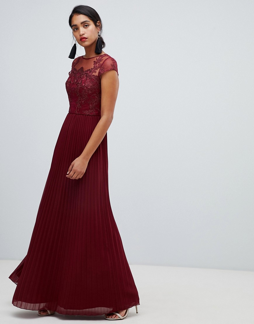 Chi Chi London lace embroidered top maxi dress with pleated skirt in wine
