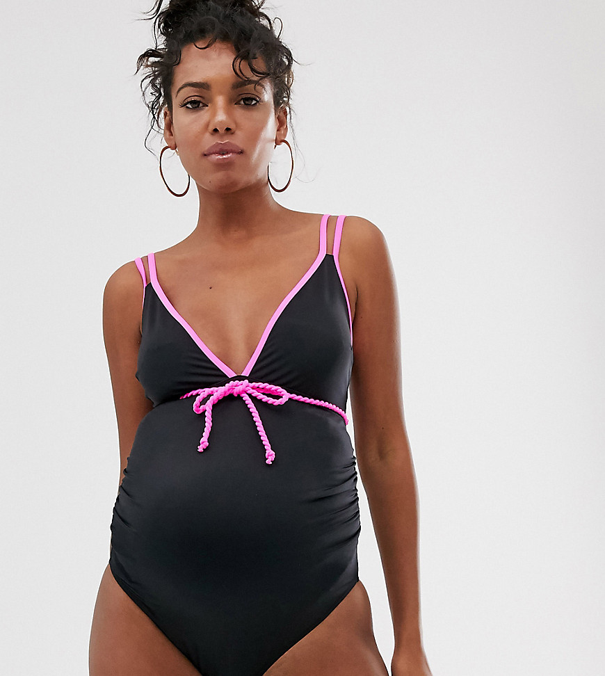ASOS DESIGN recycled maternity plunge plait detail swimsuit in black and neon pink