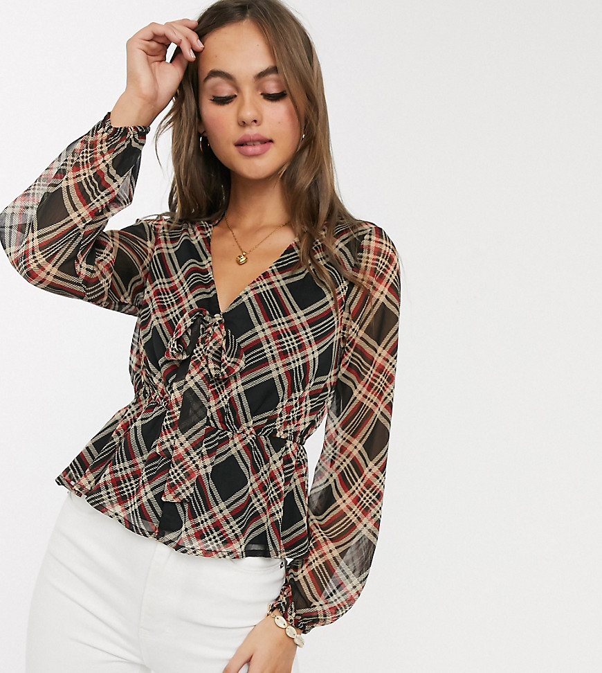Wednesday's Girl long sleeve top with tie front in check