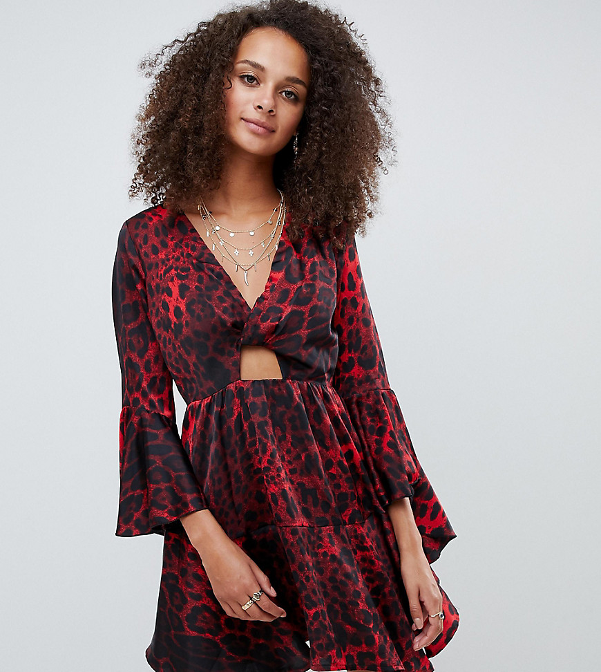 Kiss The Sky flared sleeve mini dress with cut out detail in red leopard