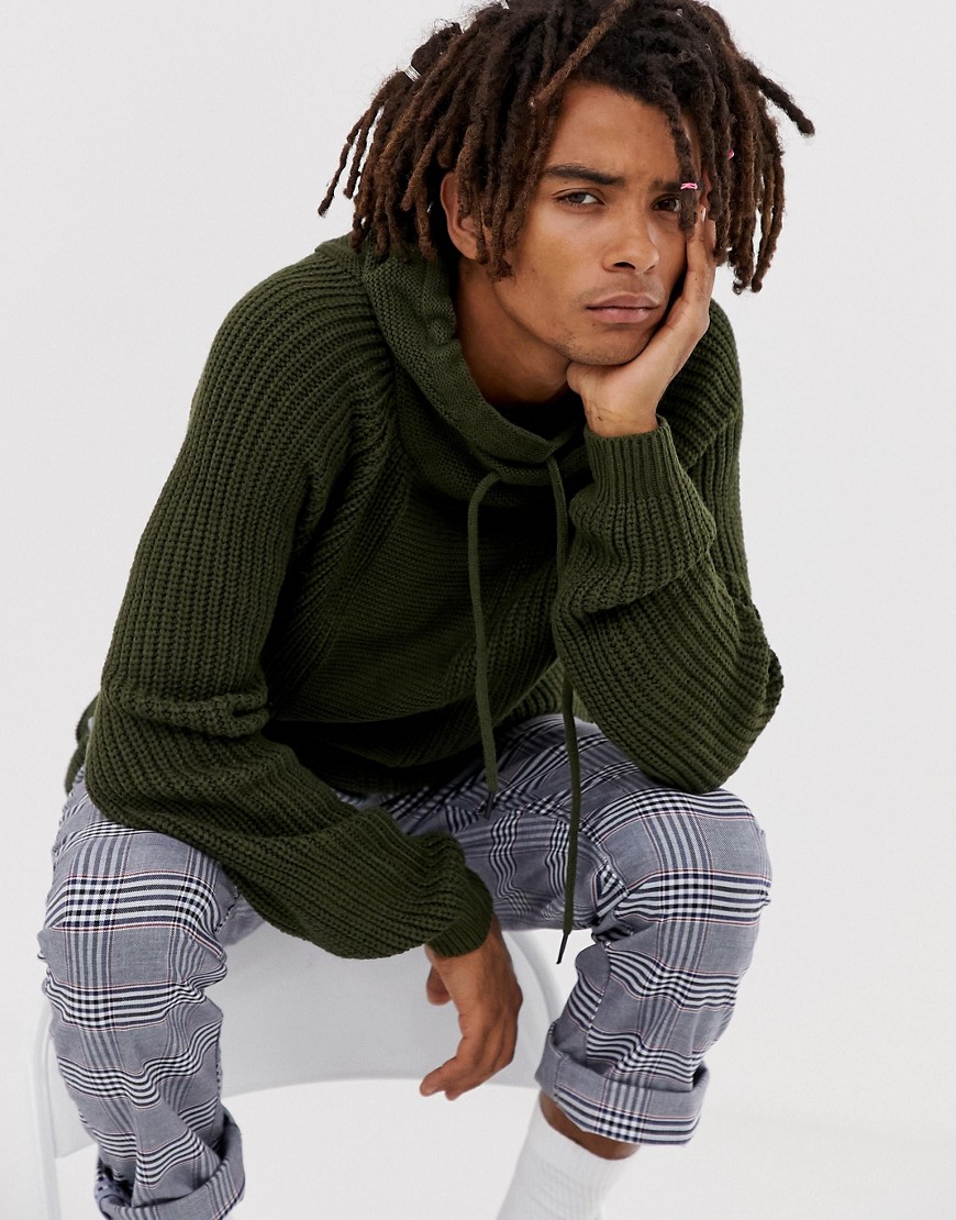 Bershka knitted jumper in green with shawl neck