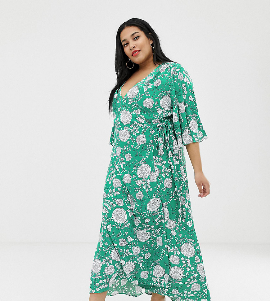 Brave Soul Plus kea midi wrap dress in bold floral print