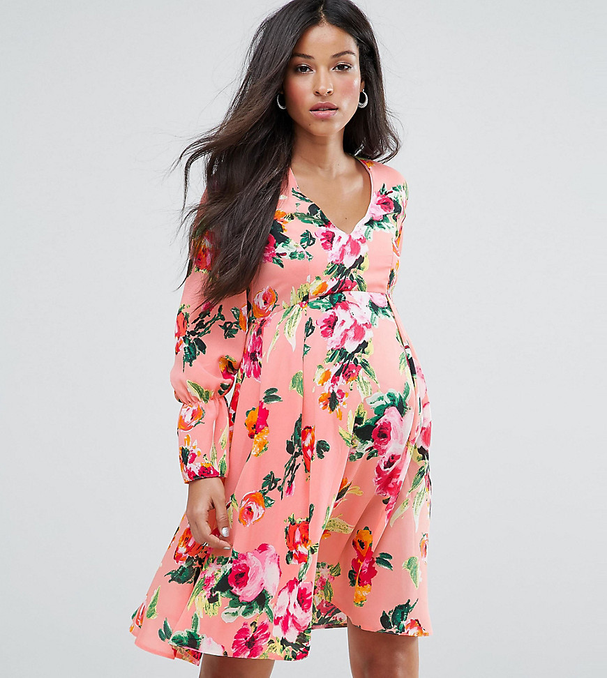 Queen Bee Maternity Floral Tea Dress With Bow Sleeve Detail - Pink