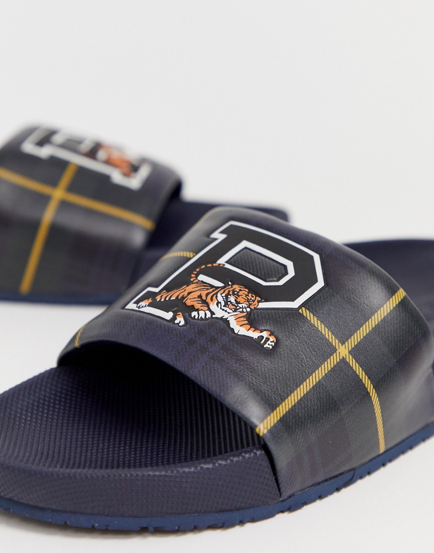 Polo Ralph Lauren gordon tartan slider with P tiger logo in navy