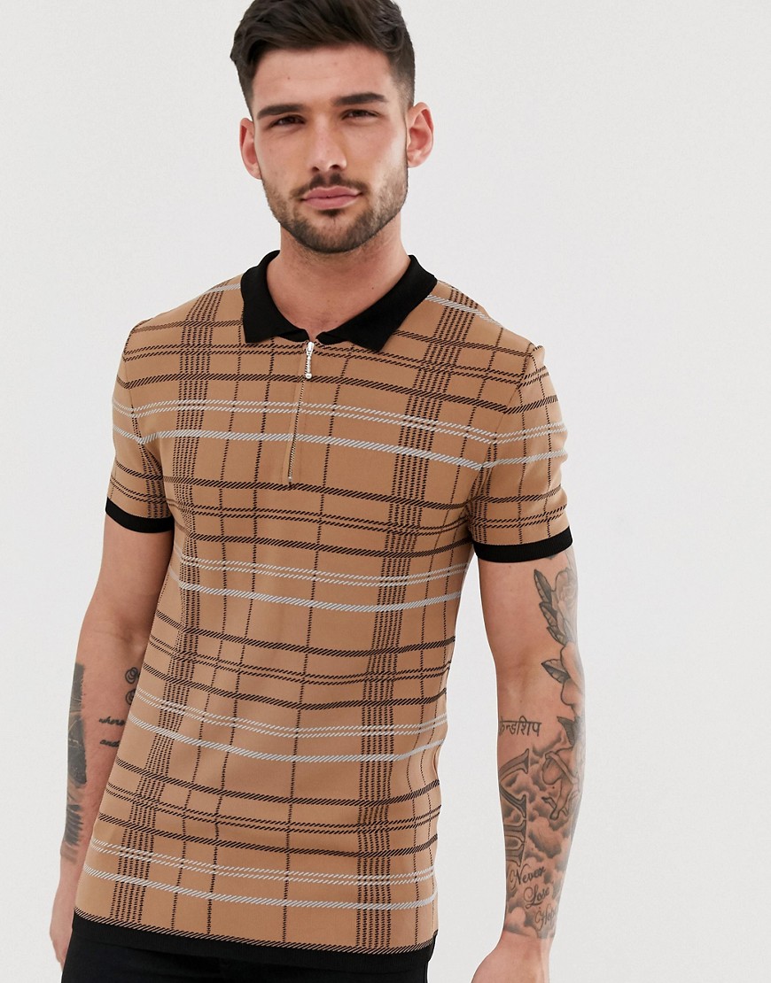 River Island half zip knitted polo in tan check