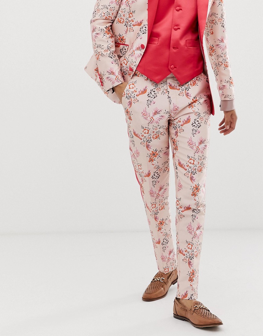 ASOS EDITION skinny suit trousers in pink floral jacquard with side stripe