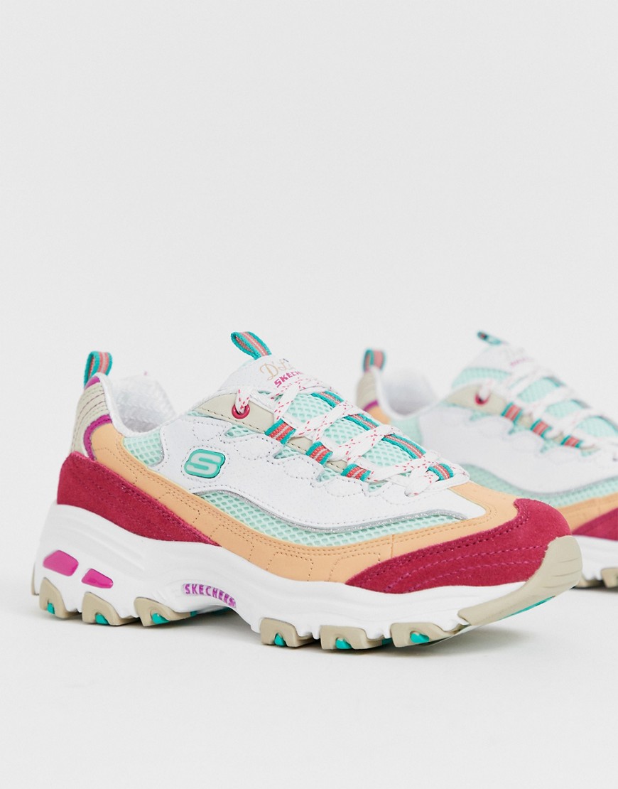 Skechers D'Lite chunky trainers in white and pink