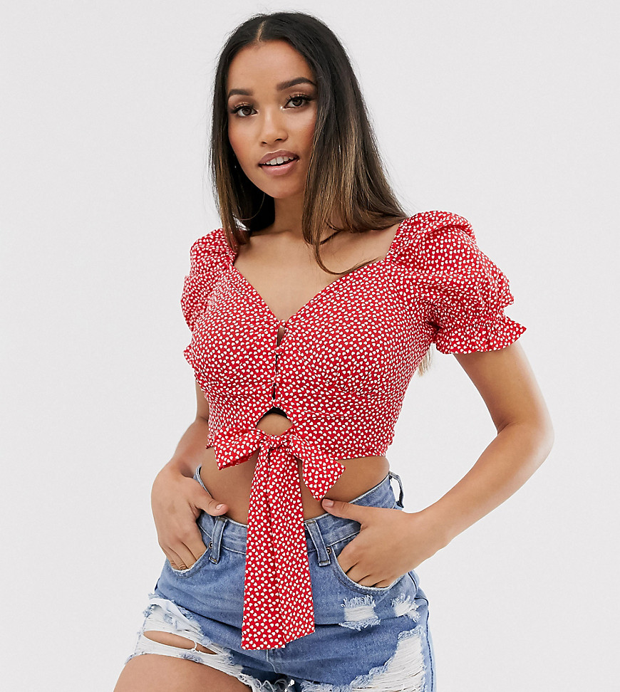 PrettyLittleThing Petite puff sleeve top with ring detail in red heart print