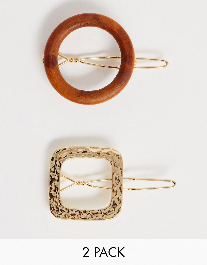 ASOS DESIGN pack of 2 hair clips in wood and metal