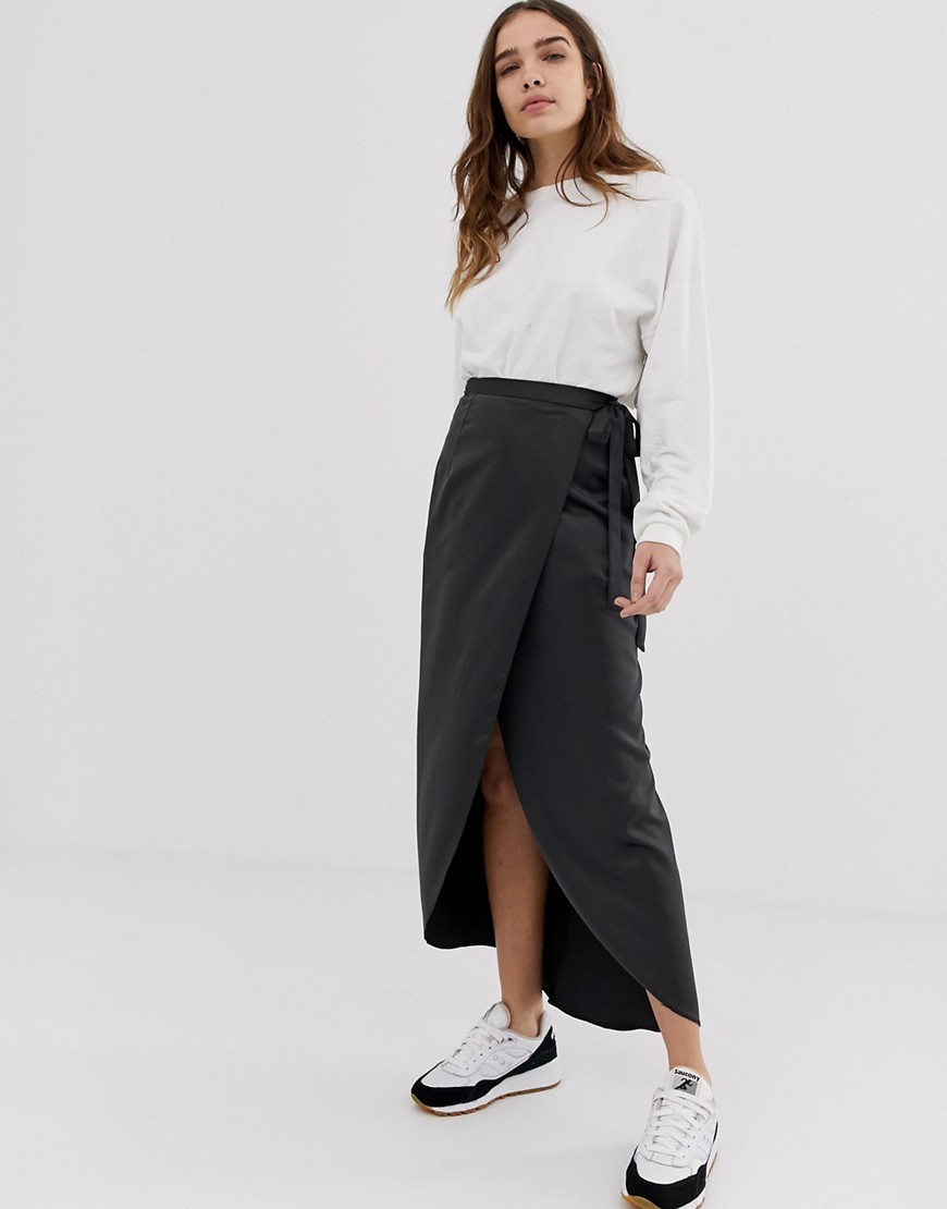 Asos Design Satin Wrap Maxi Skirt-black