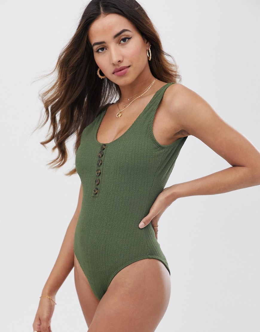Warehouse crinkle swimsuit with button front in green