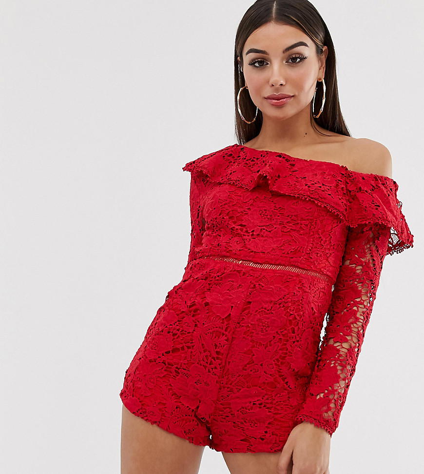 Missguided lace playsuit with one shoulder in red