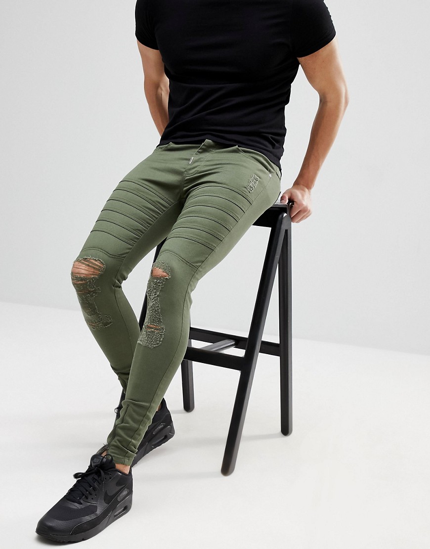 Ascend Denim Super Skinny Muscle Fit Jeans in Ripped Biker - Green