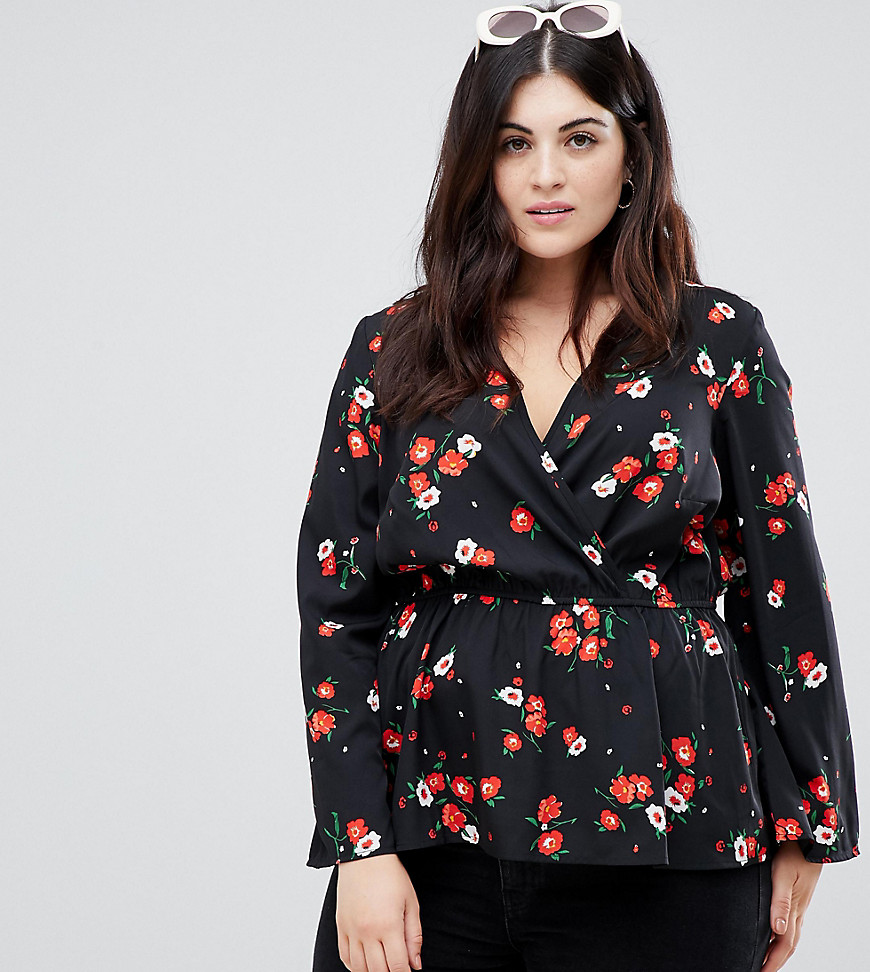 Influence Plus wrap front floral blouse with flared sleeves - Black & red floral