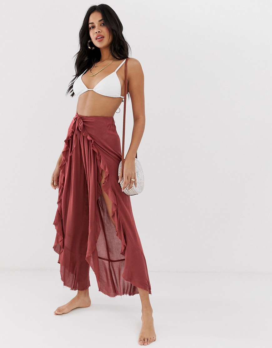 ASOS DESIGN ruffle split front beach trousers with tie waist