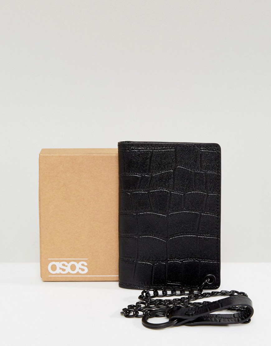 Черный кожаный бумажник с крокодиловым рисунком и цепочкой ASOS ASOS DESIGN 