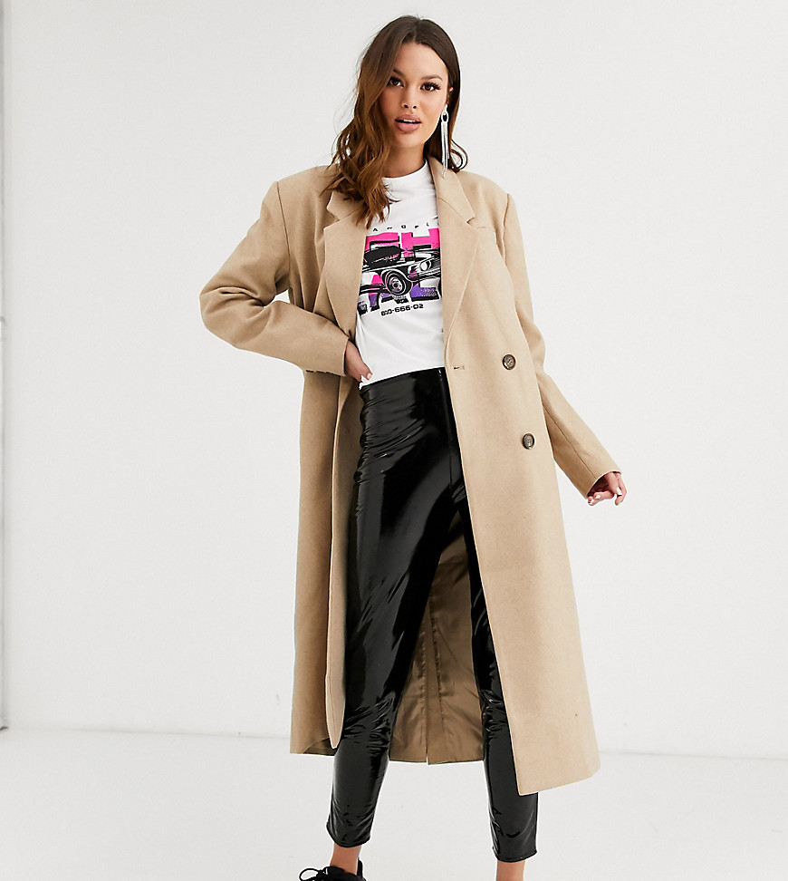 ASOS DESIGN Tall double breasted longline coat in camel
