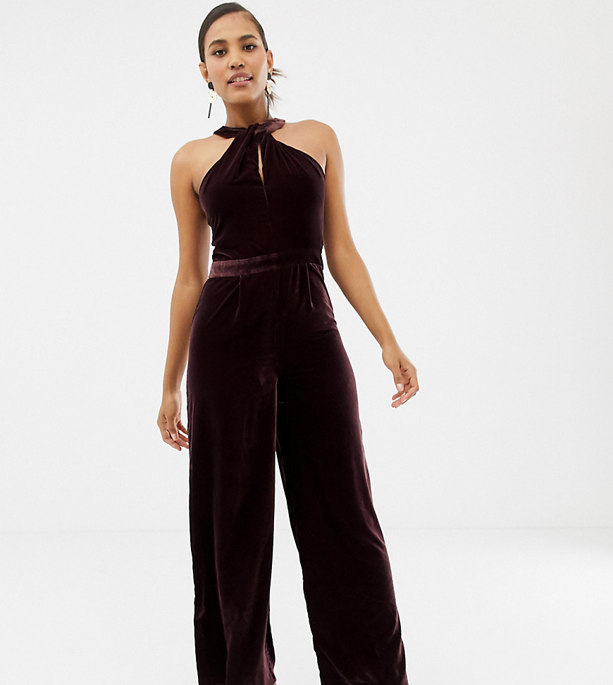 Oasis jumpsuit with twist neck in burgundy