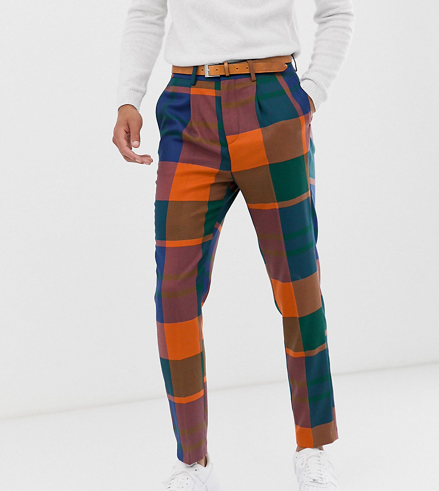 ASOS DESIGN Tall tapered crop smart trousers in oversized check in blue