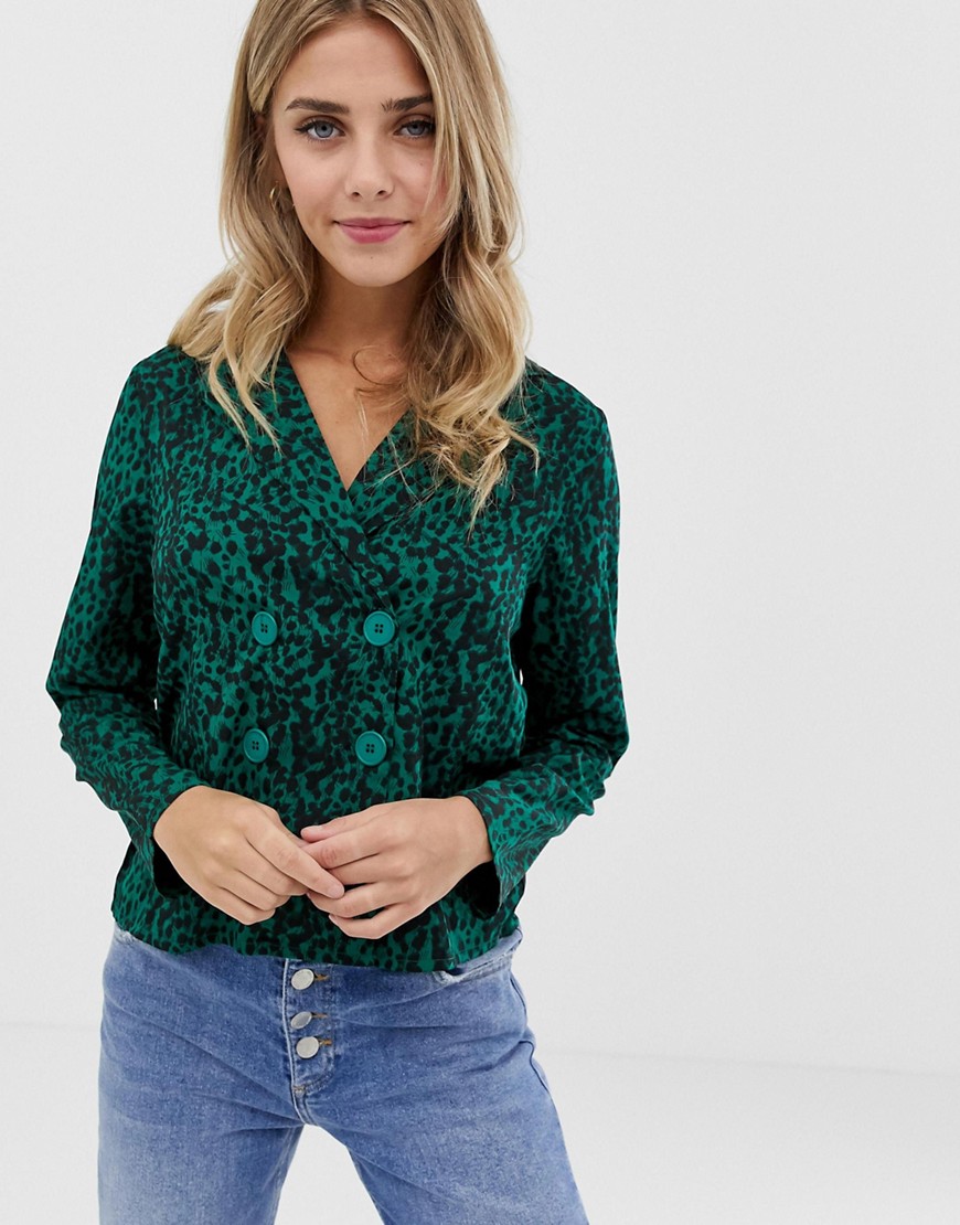 Influence animal print blazer blouse with button detail