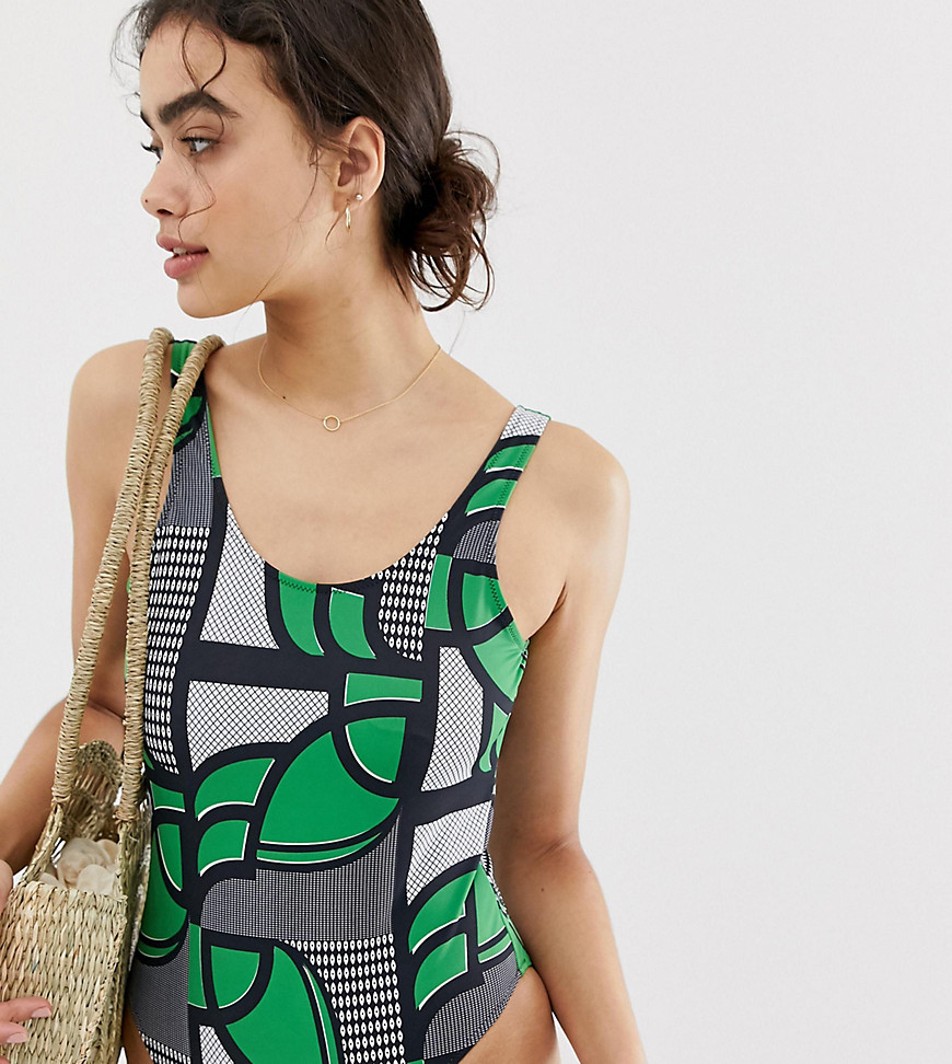 Weekday geometric print scoop neck swimsuit in green