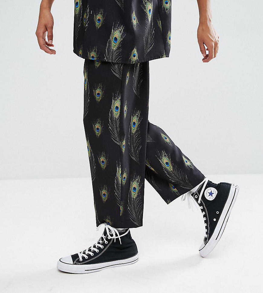 Reclaimed Vintage Inspired Relaxed Trousers In Black With Feather Print - Black