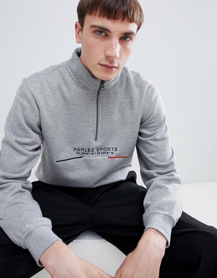 Parlez 1/4 Zip Sweatshirt With Embroidered Sport Bar Logo In Grey - Grey