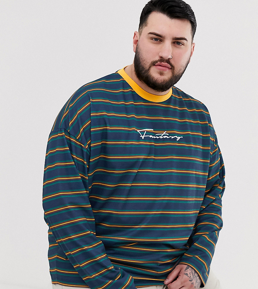 ASOS DESIGN Plus oversized long sleeve stripe t-shirt with embroidery in pique