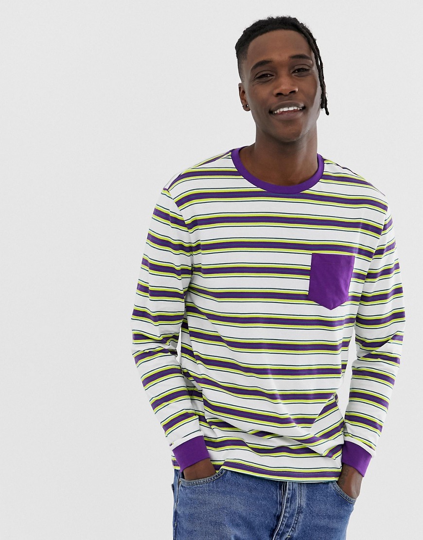 ASOS DESIGN organic cotton relaxed long sleeve t-shirt with bright retro stripe and chest pocket