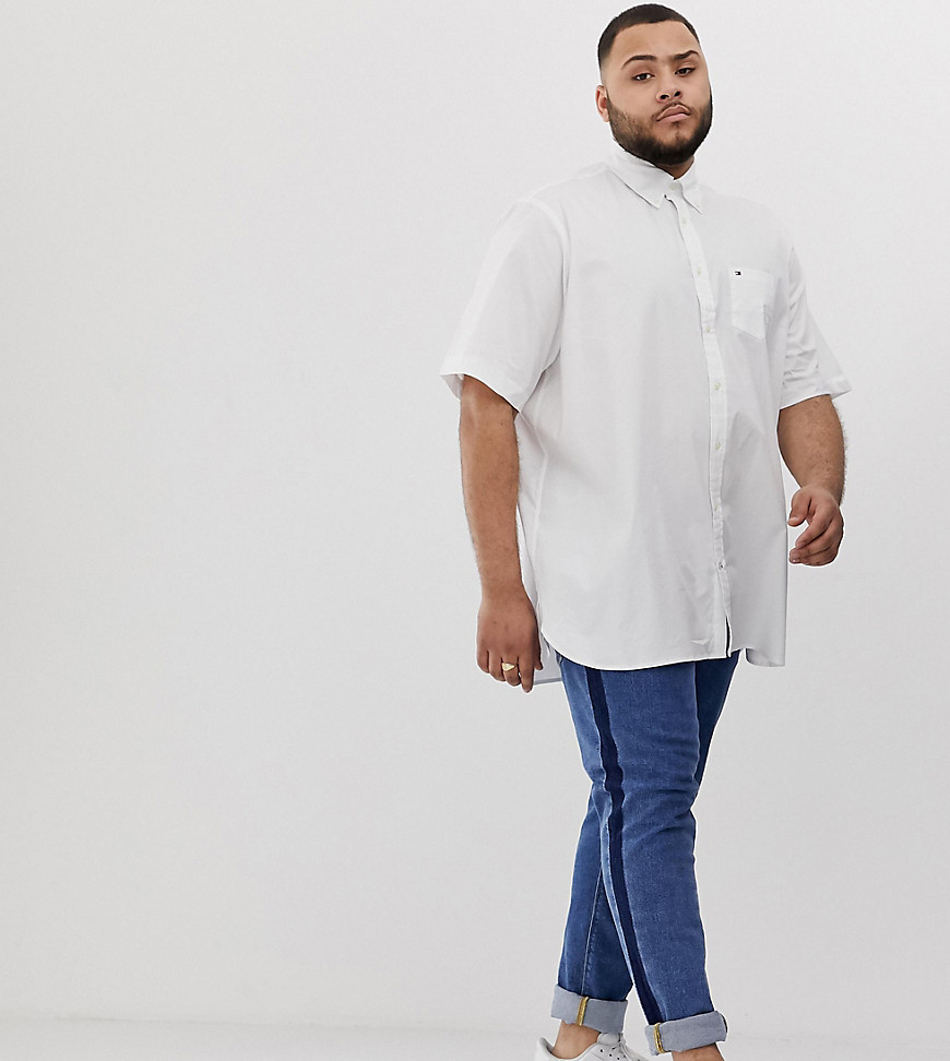 Tommy Hilfiger Big & Tall short sleeve button down poplin shirt flag logo stretch in white