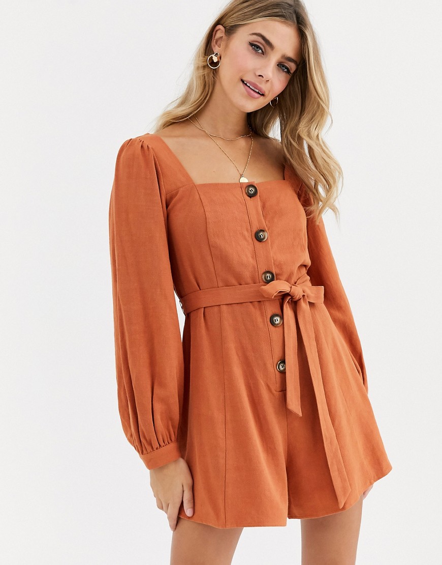 ASOS DESIGN button front tie waist puff sleeve playsuit with long sleeves