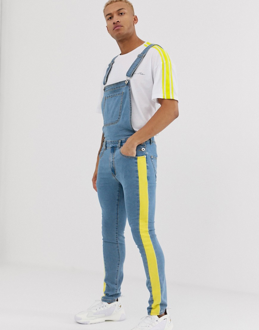 Liquor N Poker dungaree with neon green stripe detailing in blue wash