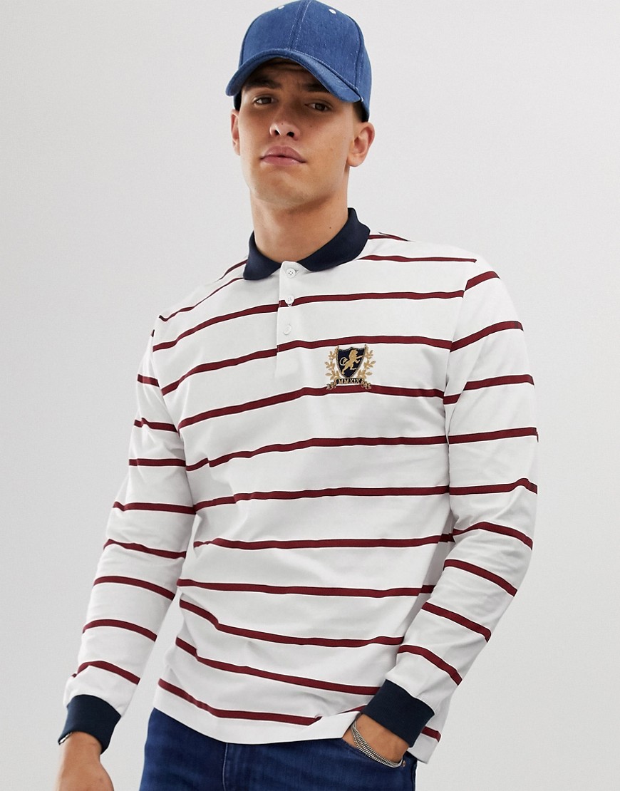 ASOS DESIGN relaxed long sleeve striped polo with chest emblem logo