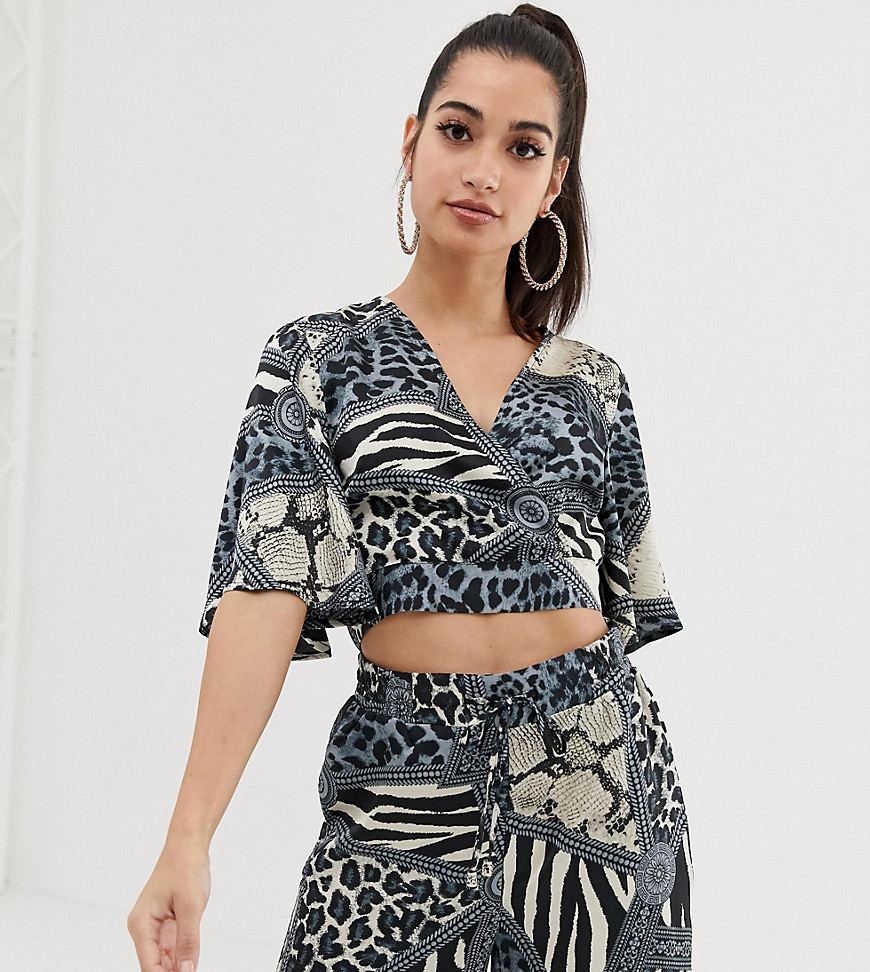 Outrageous Fortune Petite wrap front crop top co-ord in multi chain print