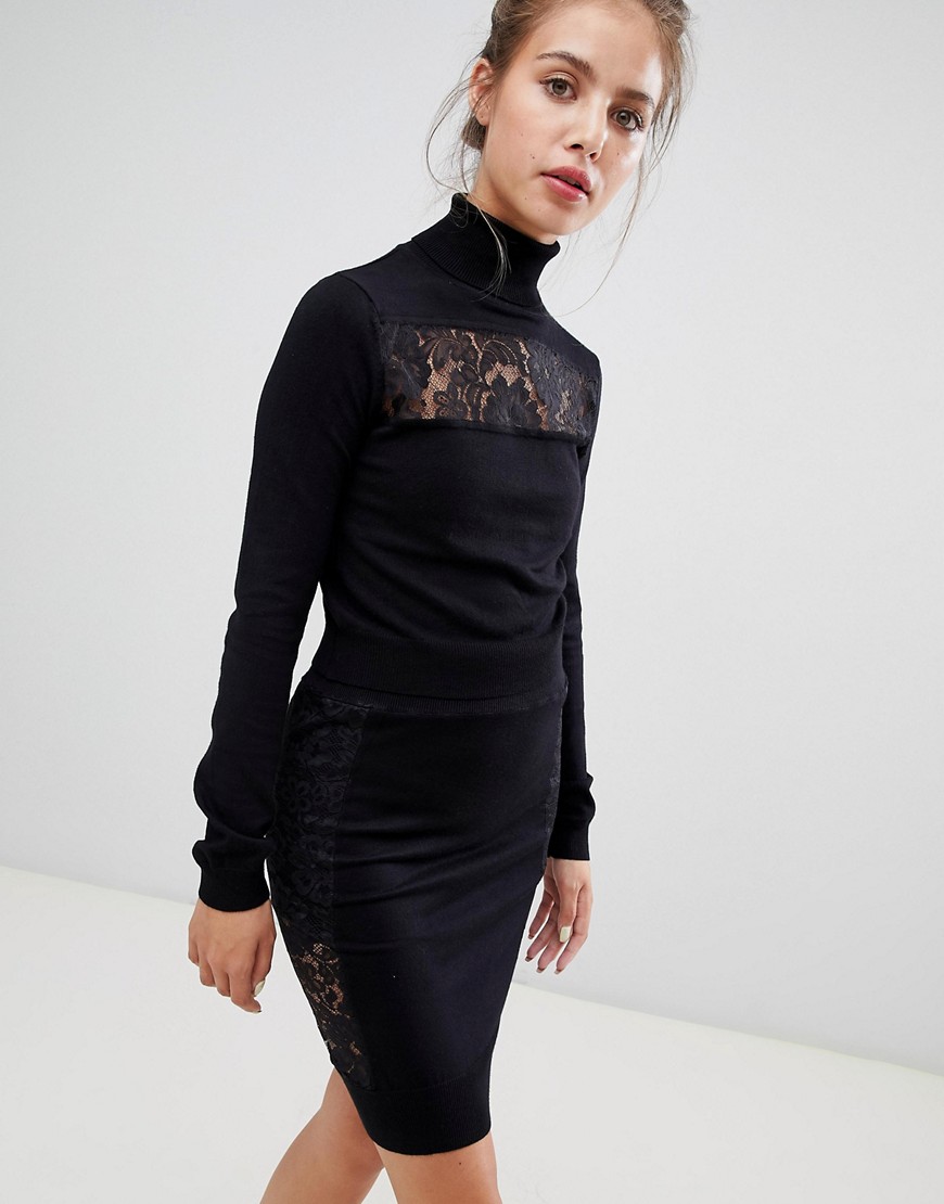 QED London Jumper and Knitted Skirt Co-Ord With Lace Insert