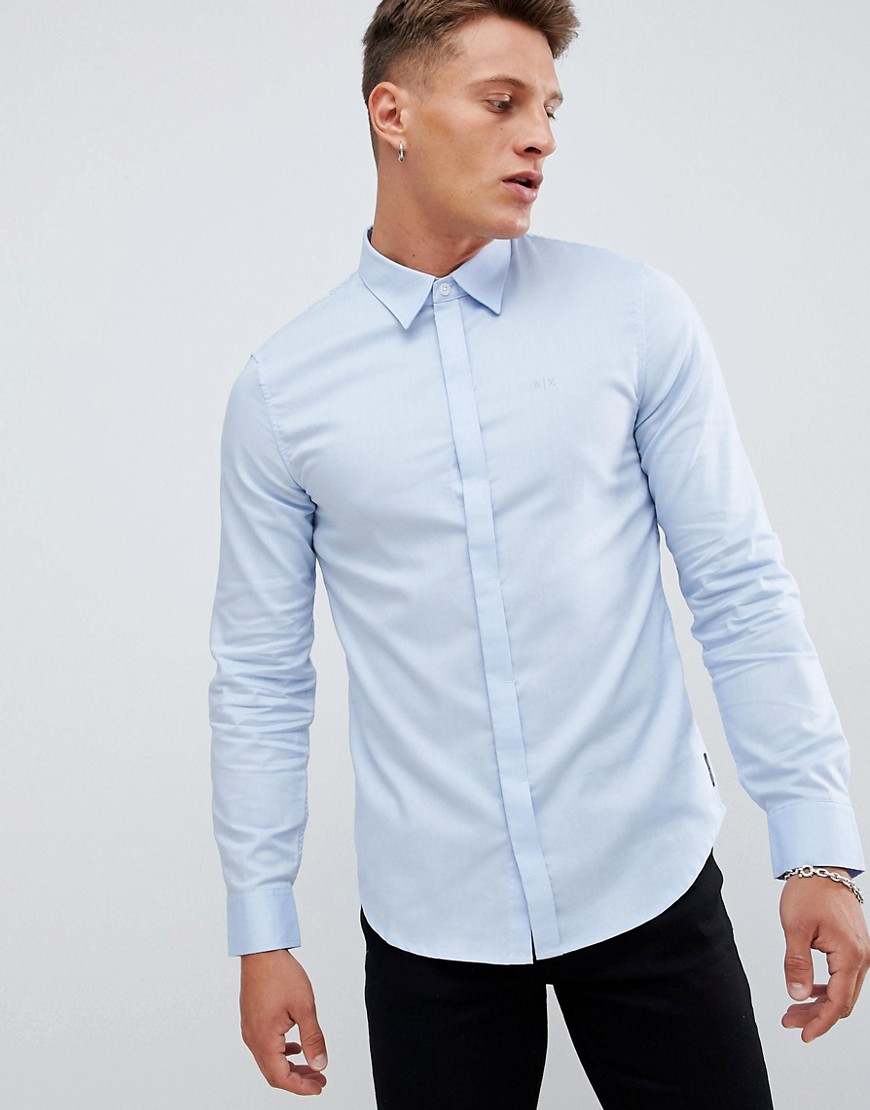 Armani Exchange slim fit chest logo oxford shirt in light blue
