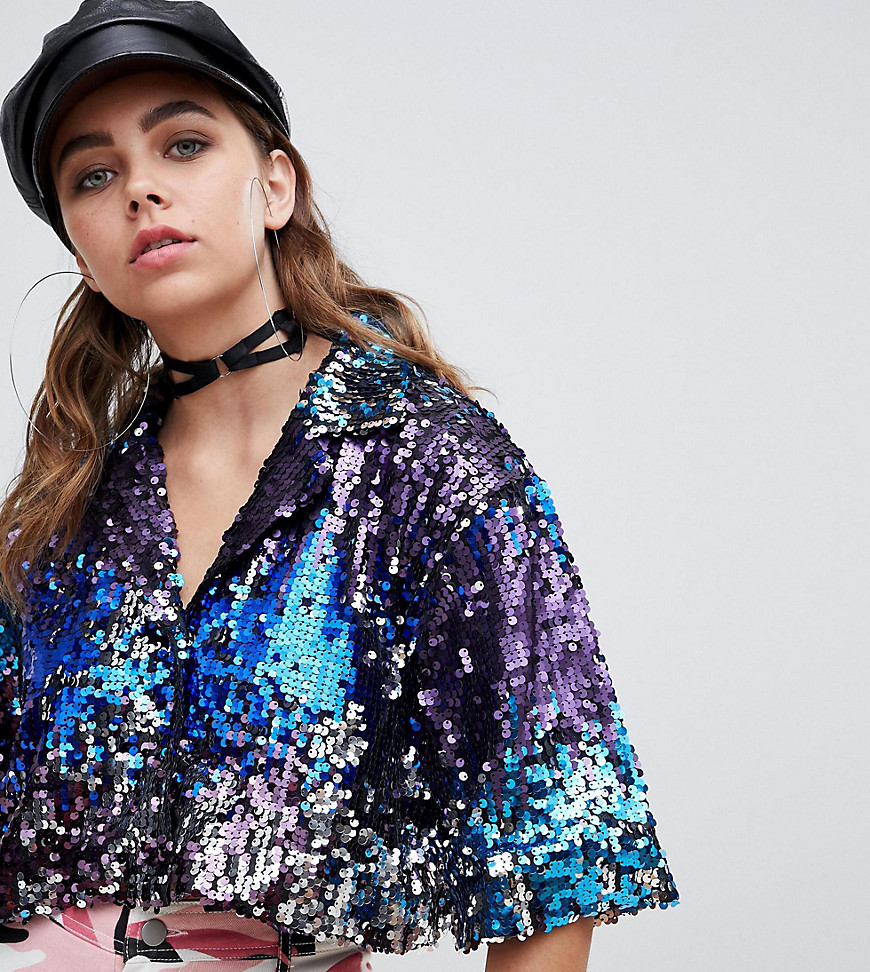 One Above Another cropped shirt in rainbow sequin with revere collar