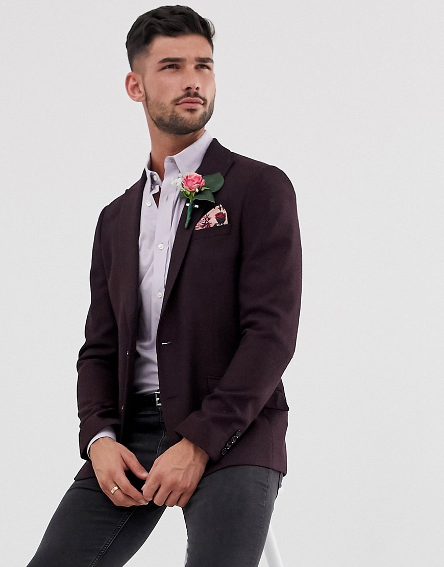 ASOS DESIGN wedding skinny blazer in burgundy wool mix