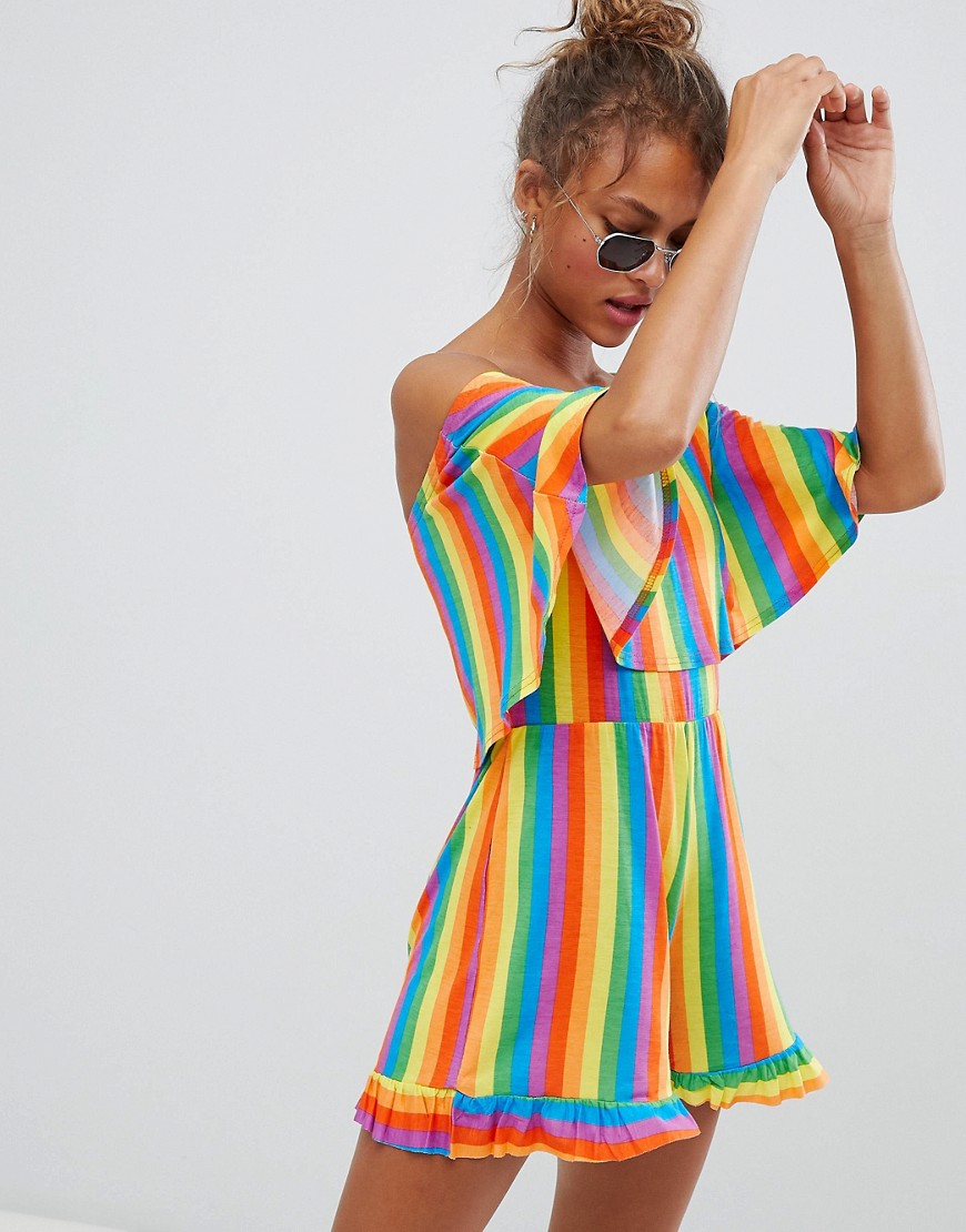 Daisy Street Playsuit with Bardot Frill in Rainbow Stripe