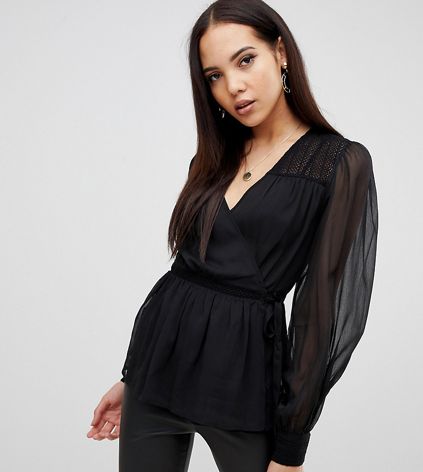 ASOS DESIGN Tall sheer long sleeve wrap top with lace inserts