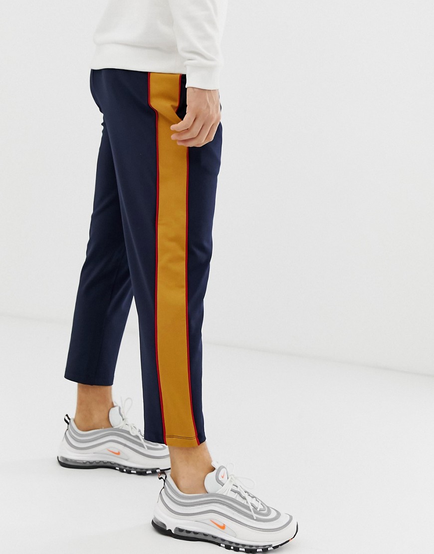 ASOS DESIGN poly tricot tapered crop joggers with side stripe in navy