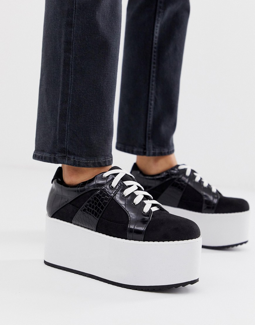 Lost Ink chunky flatform lace up trainer in black
