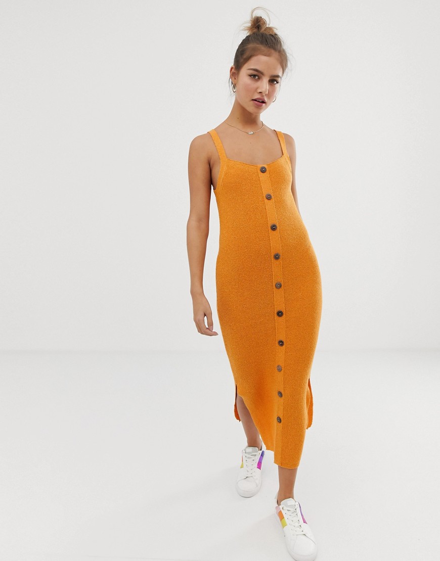 ASOS DESIGN button through knitted midi dress in natural look yarn