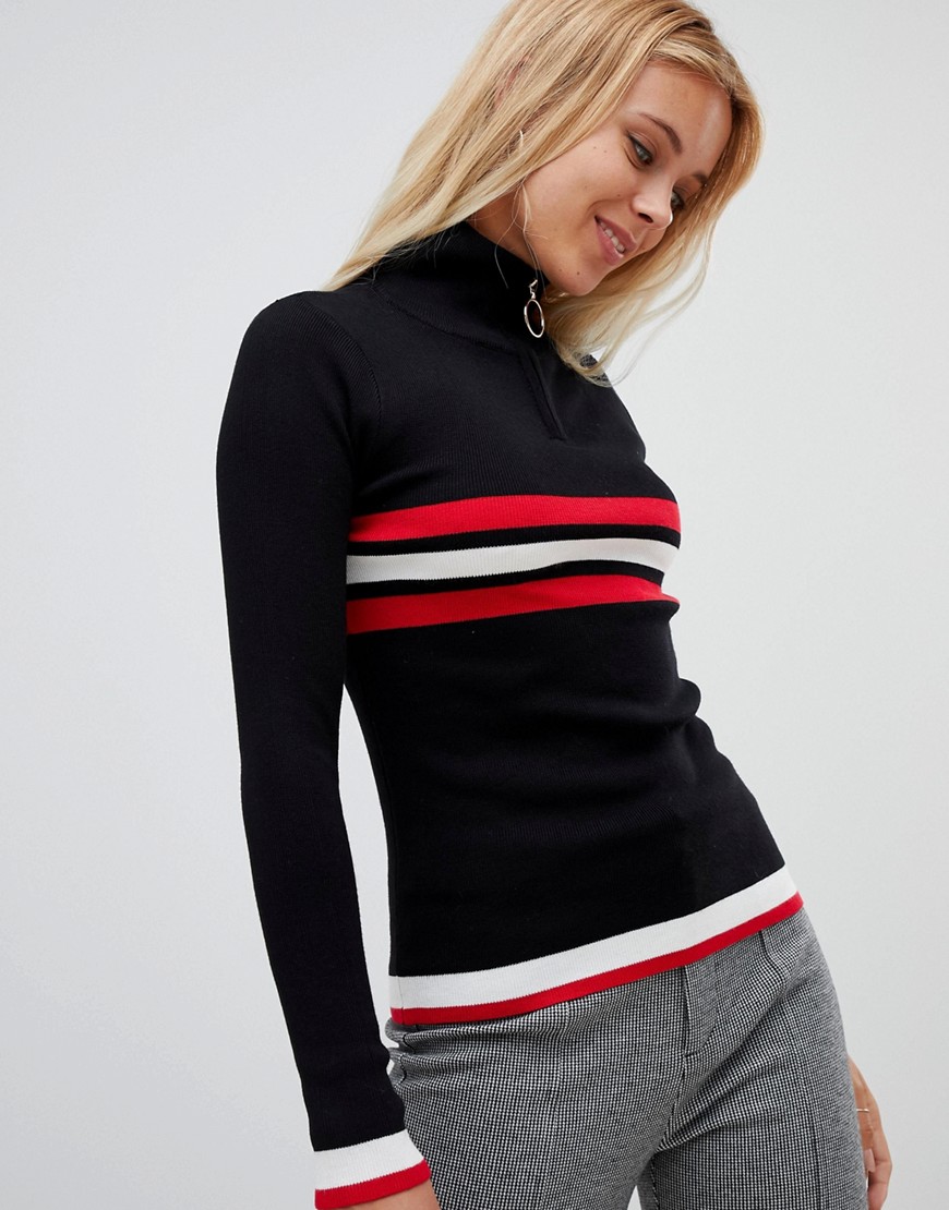 QED London horizontal sports stripe half zip turtle neck jumper - Black/red/white