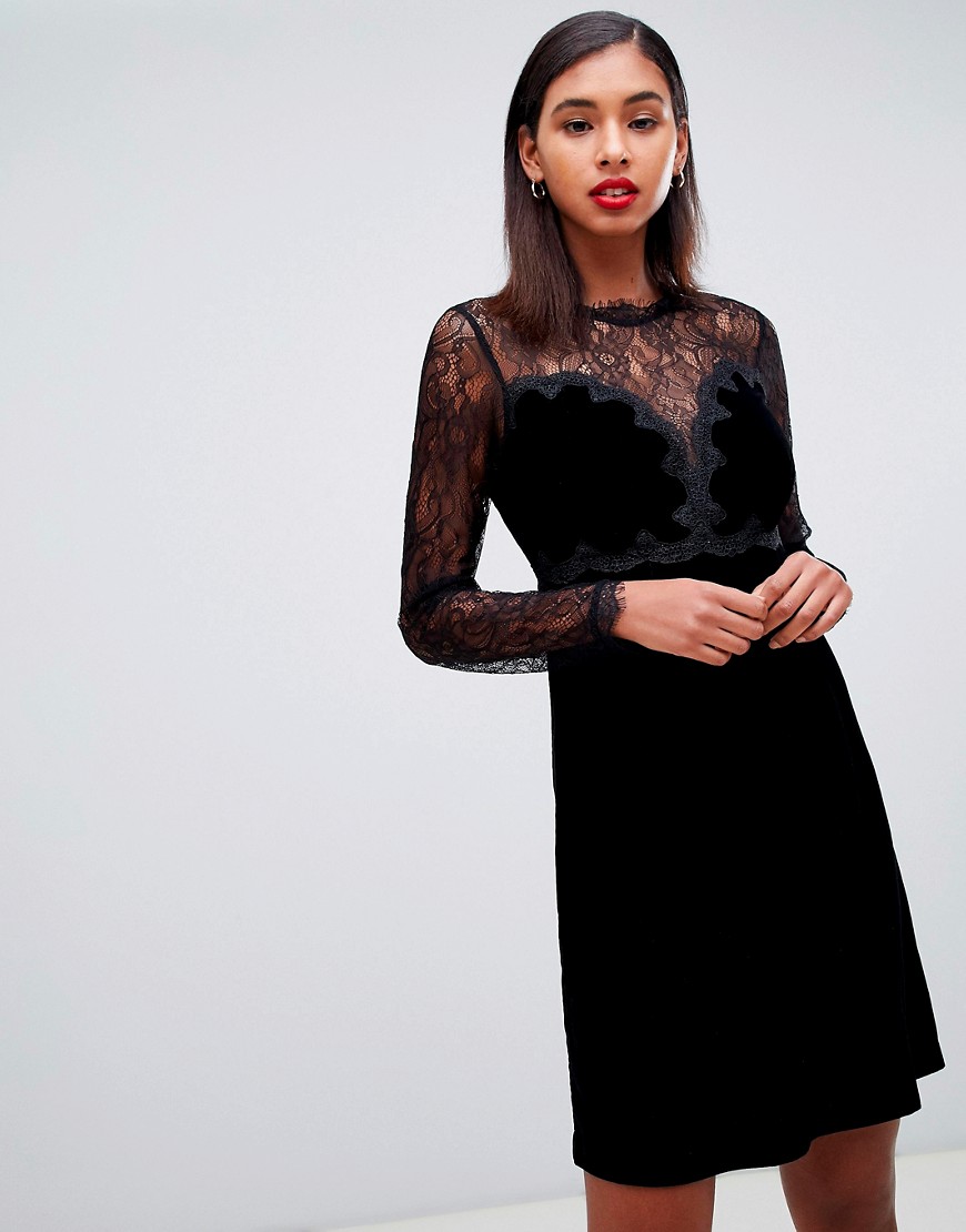Morgan lace trim velvet mini prom dress in black