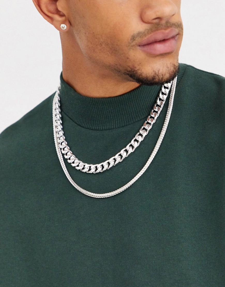 Asos Design 2 Pack Layered Neckchain In Silver Tone