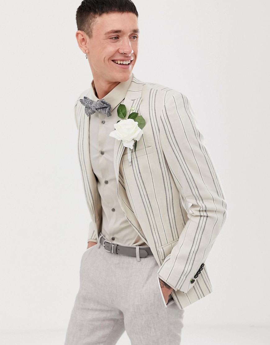 Twisted Tailor skinny wedding blazer in stone with stripe