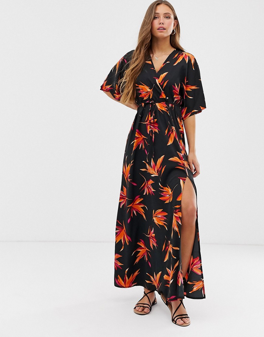 QED London wrap front kimono maxi dress in tropical print