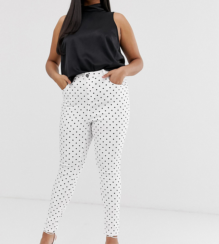 Simply Be Chloe high waist skinny jeans in white with black polka dots